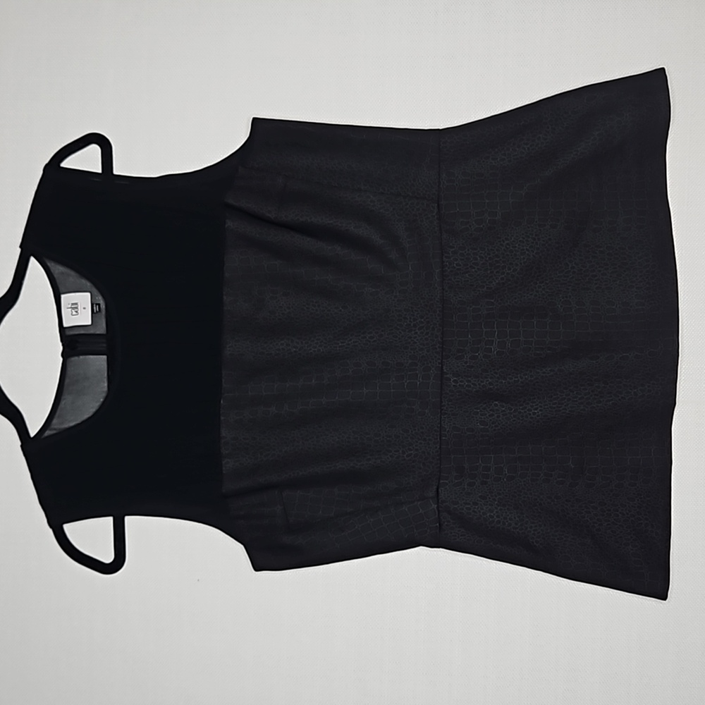 CAbi Black Sheer Snakeskin Bustier Peplum Sleeveless Blouse Size 8 Style 3080
